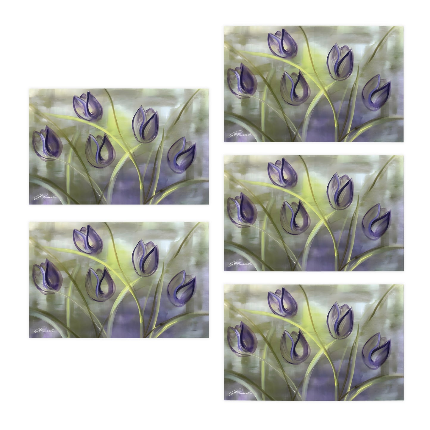 5-pack of Purple Tulip Passion Greeting Cards featuring the stunning Passion painting by Arlene Passarella from her bestselling Floral Awakening collection. Colors are Purple, Green and Yellow. Cards open.