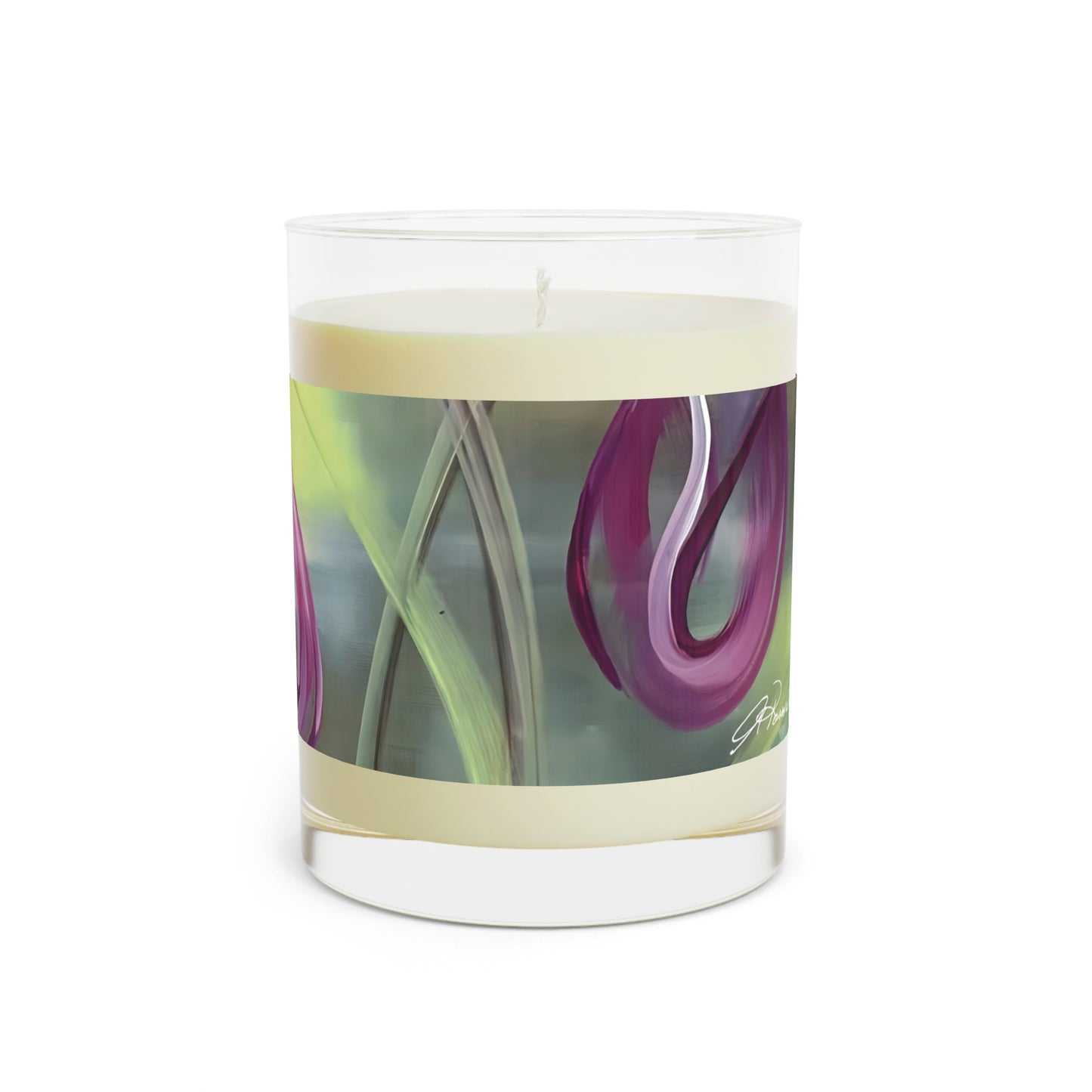 Harmony Scented Candle featuring the Harmony magenta expressive tulips painting by Arlene Passarella from her Floral Awakening collection for Give ilo side view