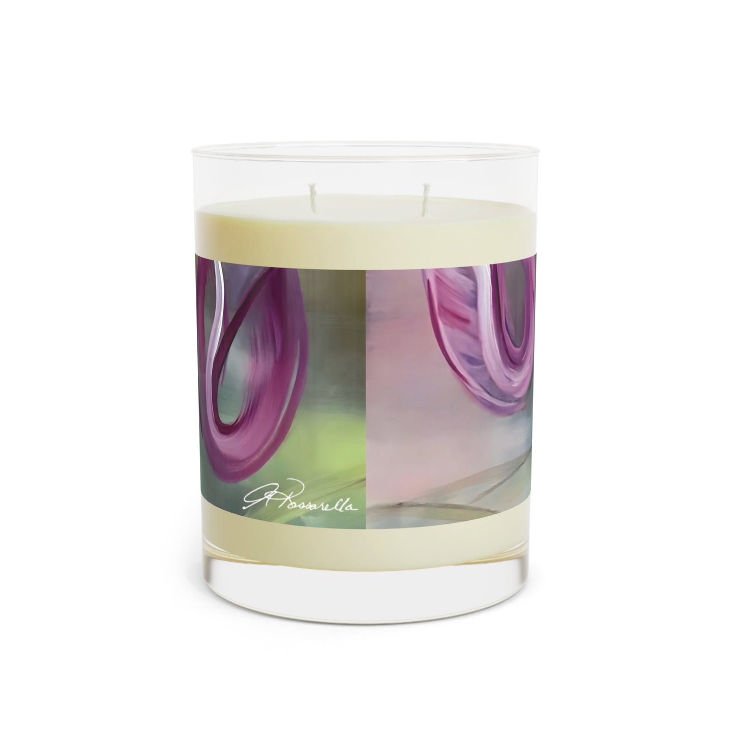 Harmony Scented Candle featuring the Harmony magenta expressive tulips painting by Arlene Passarella from her Floral Awakening collection for Give ilo back view