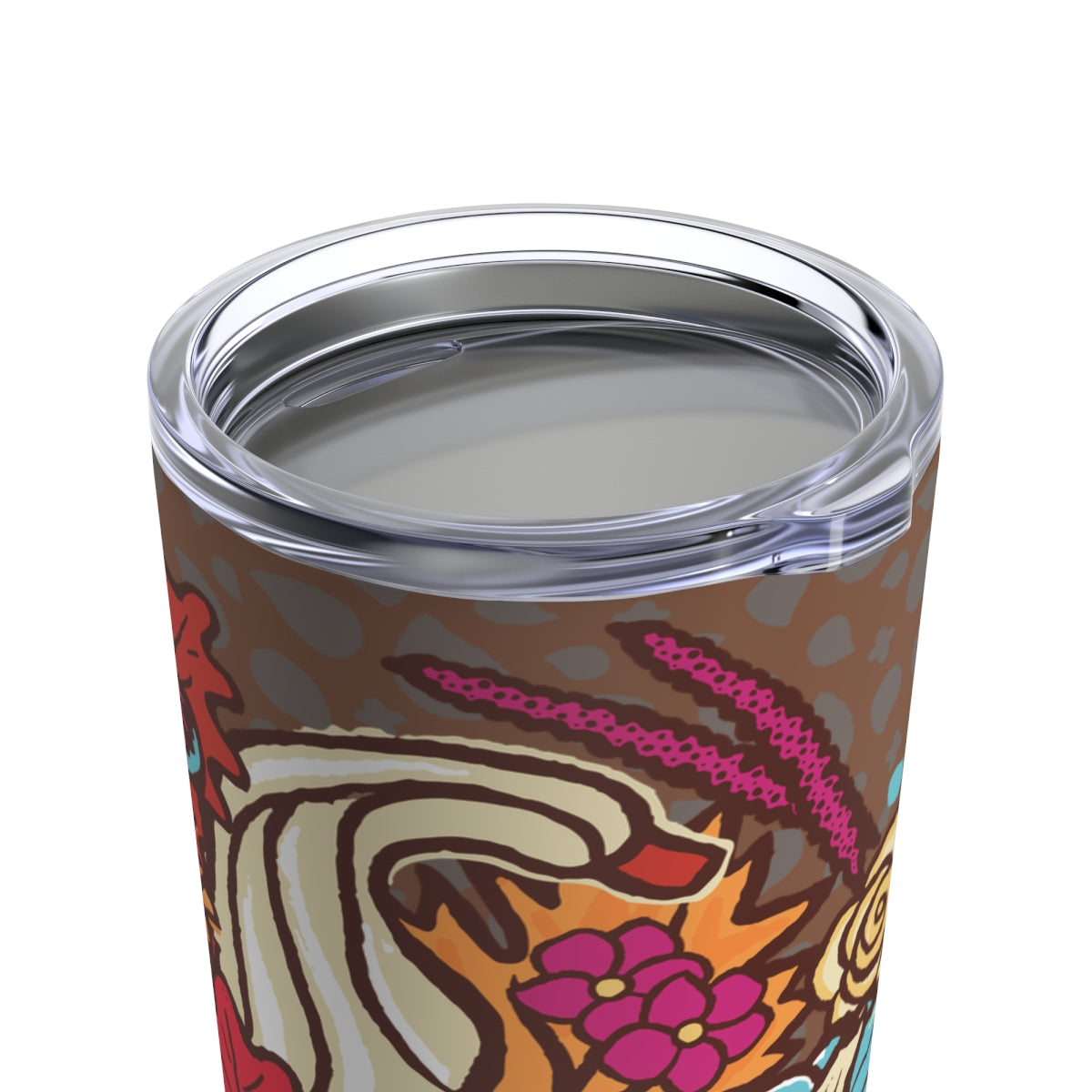 Harvest Love Tumbler by Charlene Potts for Give Ilo! Rich brown color background with with a beautiful bright floral heart which includes a light blue pumpkin. Close up view of top