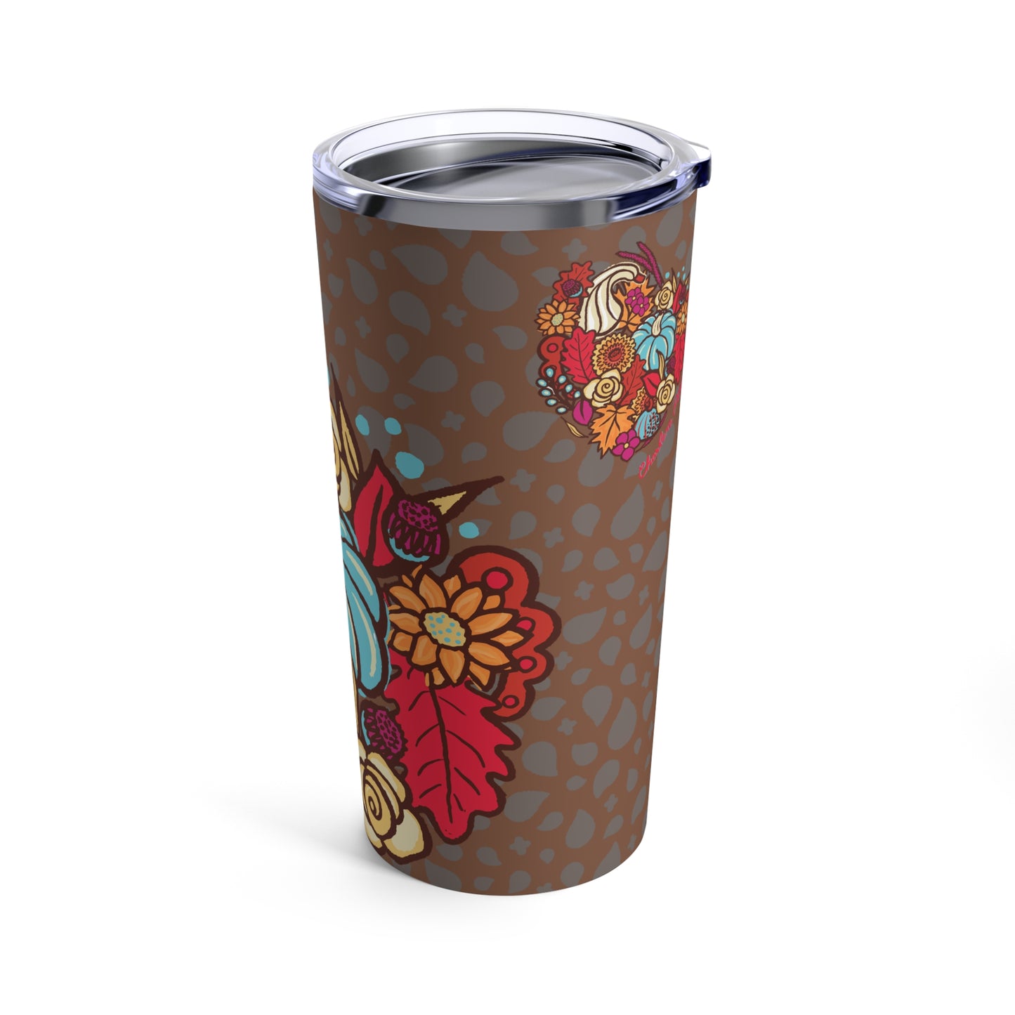 Harvest Love Tumbler by Charlene Potts for Give Ilo! Rich brown color background with with a beautiful bright floral heart which includes a light blue pumpkin. Another side view showing the smaller heart and the bigger floral heart.