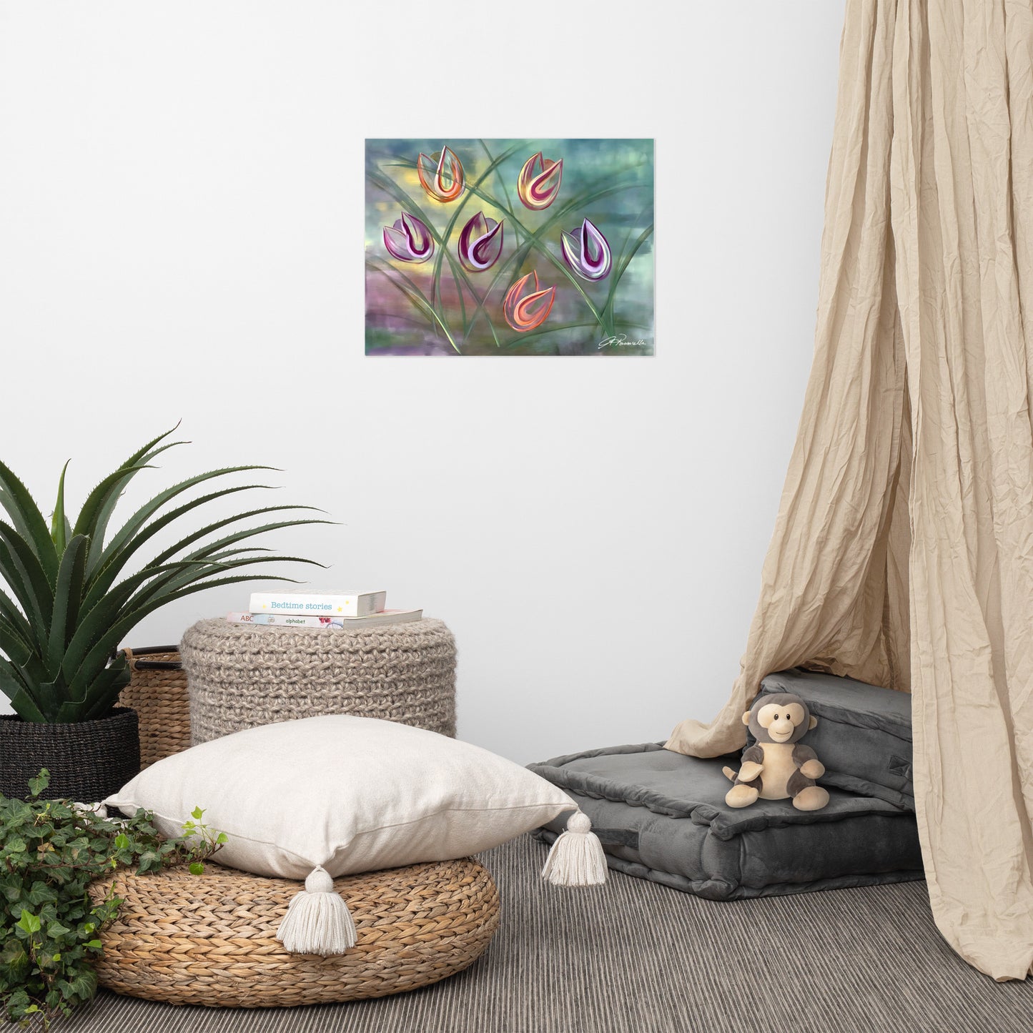 Joy-Museum-Quality-Poster-by-painter-Arlene-Passarella-from-the-Floral-Awakening-Collection-for-Give-ilo. Vibrant expressive multi-colored tulips on a greenish background. Hanging in a minimalistic children's room.