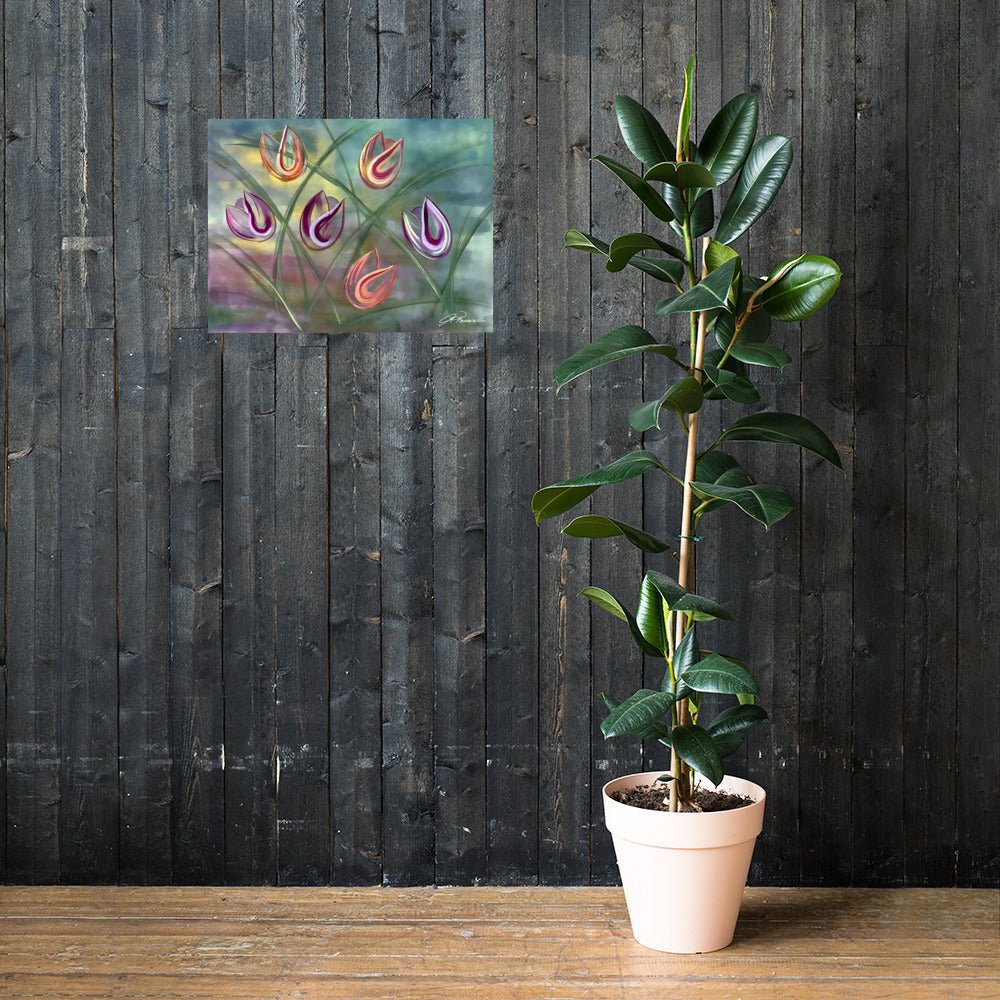 Joy-Museum-Quality-Poster-by-painter-Arlene-Passarella-from-the-Floral-Awakening-Collection-for-Give-ilo. Vibrant expressive multi-colored tulips on a greenish background. Hanging on a black wooden wall, unframed.