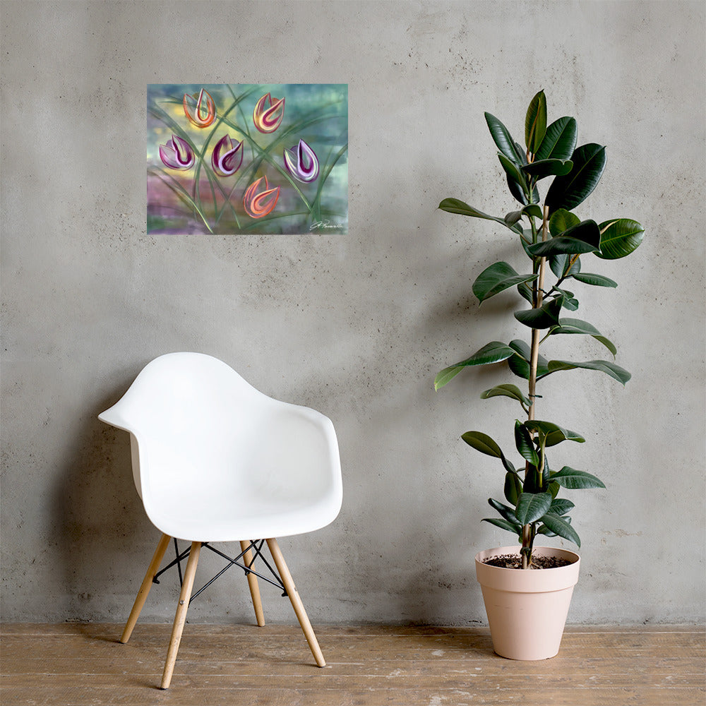 Joy-Museum-Quality-Poster-by-painter-Arlene-Passarella-from-the-Floral-Awakening-Collection-for-Give-ilo. Vibrant expressive multi-colored tulips on a greenish background. Hanging on a grey cement wall, like a warehouse or stylish office space.