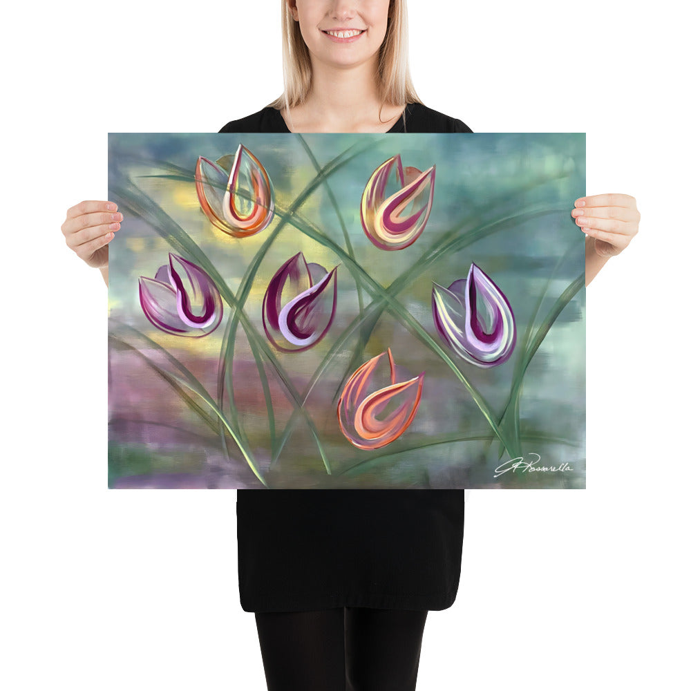 Joy-Museum-Quality-Poster-by-painter-Arlene-Passarella-from-the-Floral-Awakening-Collection-for-Give-ilo. Vibrant expressive multi-colored tulips on a greenish background, woman holds up the print.