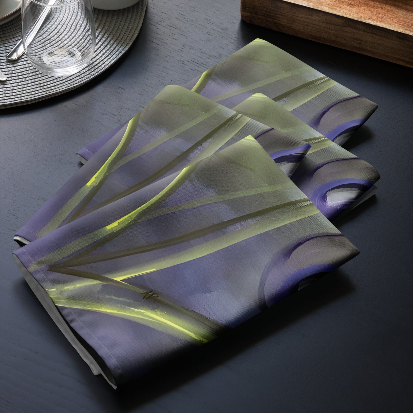 Purple-tulips-on-green-yellow-background-Passion-Cloth-Napkin-by-painter-Arlene-Passarella-from-her-Floral-Awakening-Collection_black-table