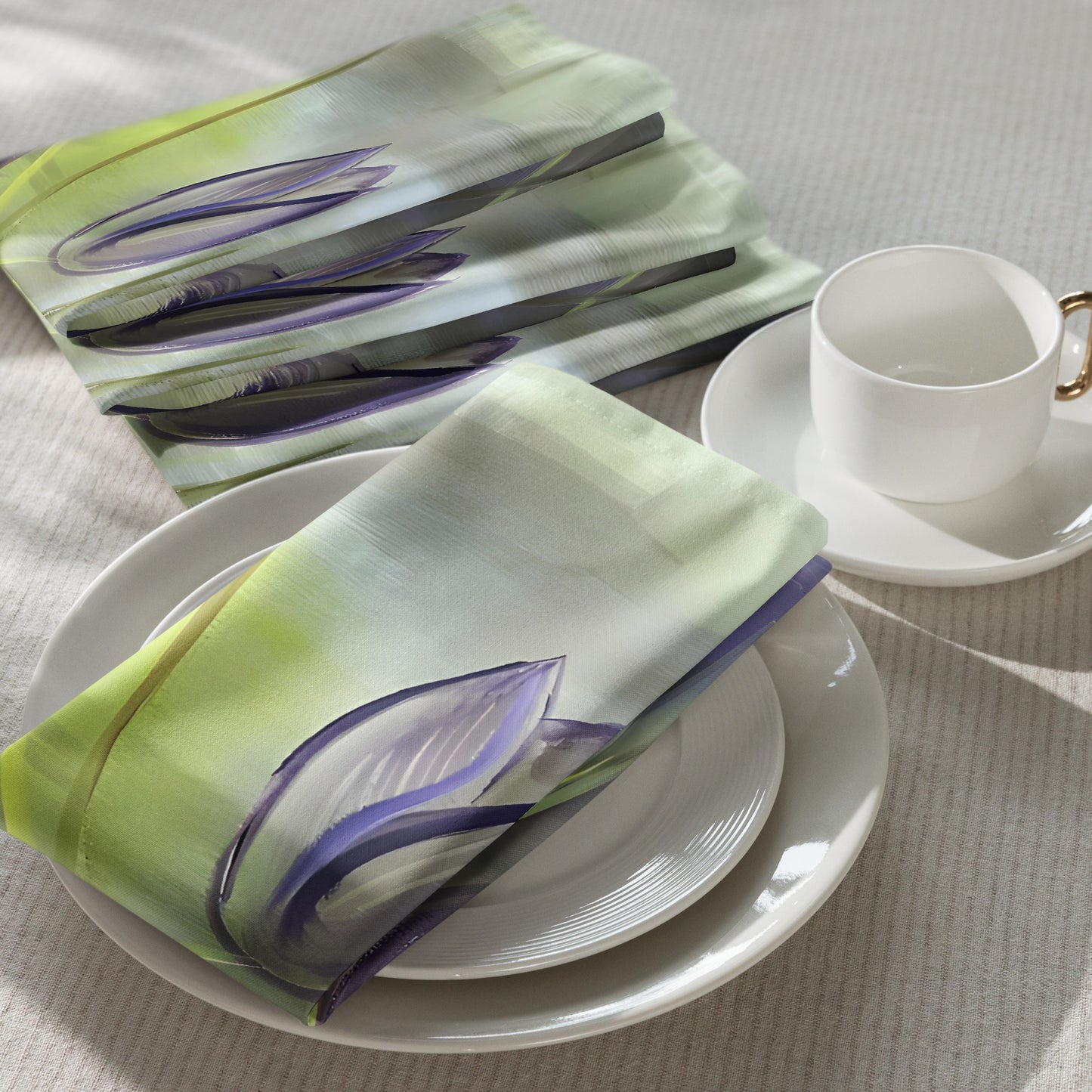 Purple-tulips-on-green-yellow-background-Passion-Cloth-Napkin-by-painter-Arlene-Passarella-from-her-Floral-Awakening-Collection_white-plate