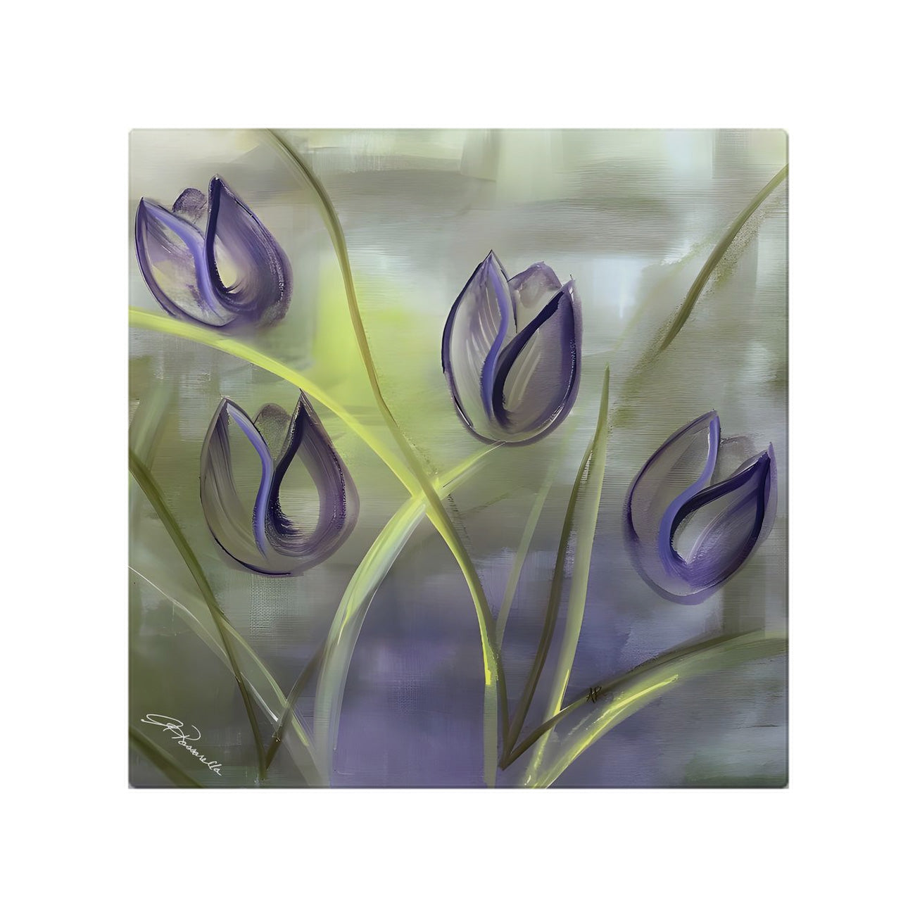 Purple-tulips-on-green-yellow-background-Passion-Cloth-Napkin-by-painter-Arlene-Passarella-from-her-Floral-Awakening-Collection_front