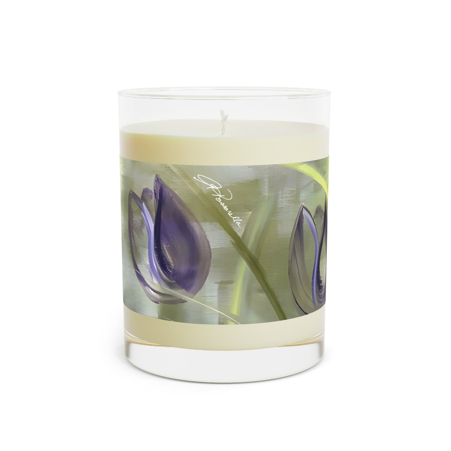 Passion Scented Candle in glass featuring the Passion painting with purple tulips by Arlene Passarella from Floral Awakening collection for Give ilo side view