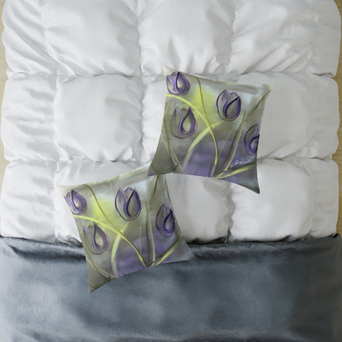 Purple Gold and green Passion pillow featuring the Passion painting from the Floral Awakening Collection by Arlene Passarella for Give ilo on bed showing front and back of pillow