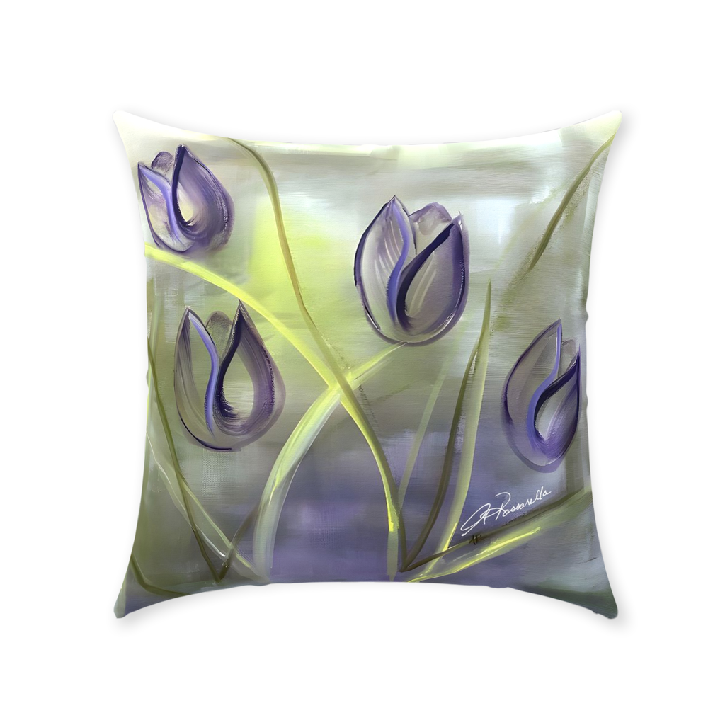 Purple Gold and green Passion pillow featuring the Passion painting from the Floral Awakening Collection by Arlene Passarella for Give ilo with artist signature