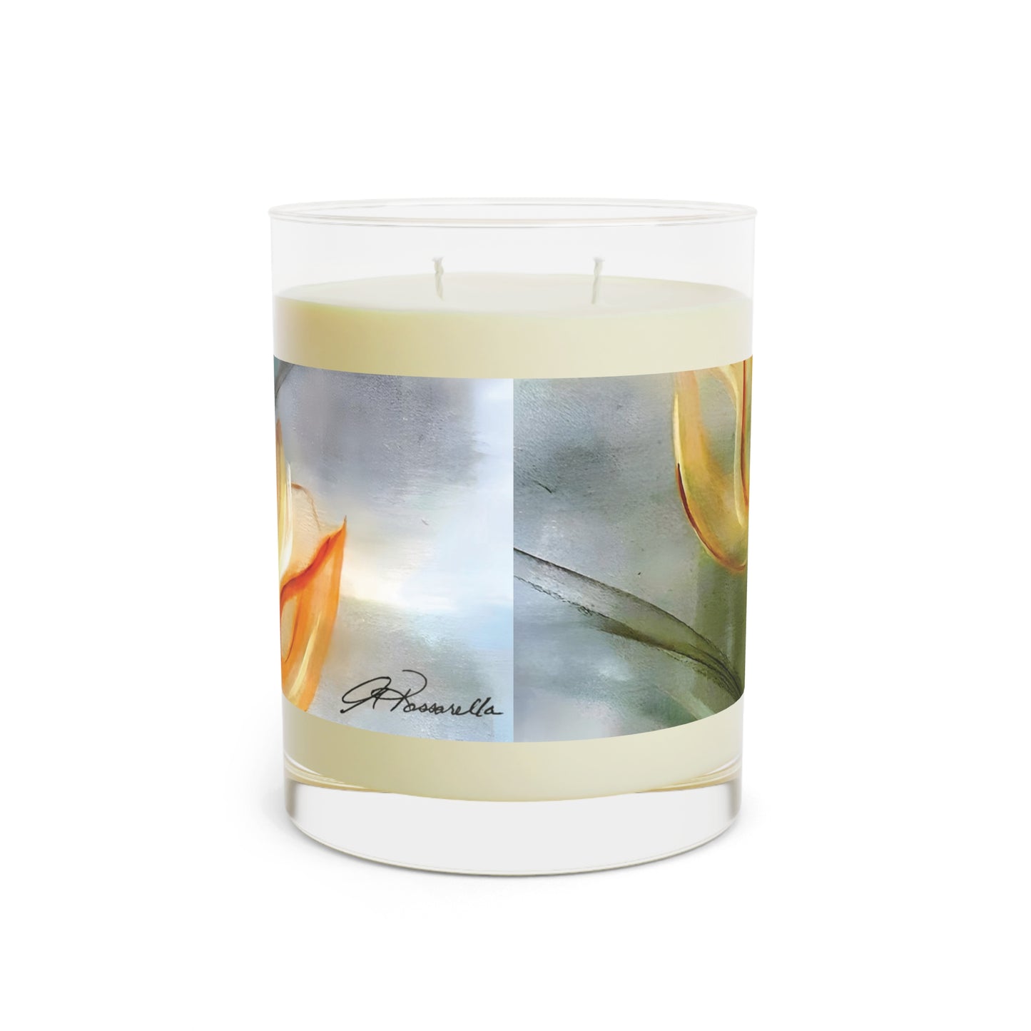 Sunshine Scented Candle featuring the expressive Sunshine painting with yellow tulips by Arlene Passarella from her Floral Awakening collection for Give ilo back