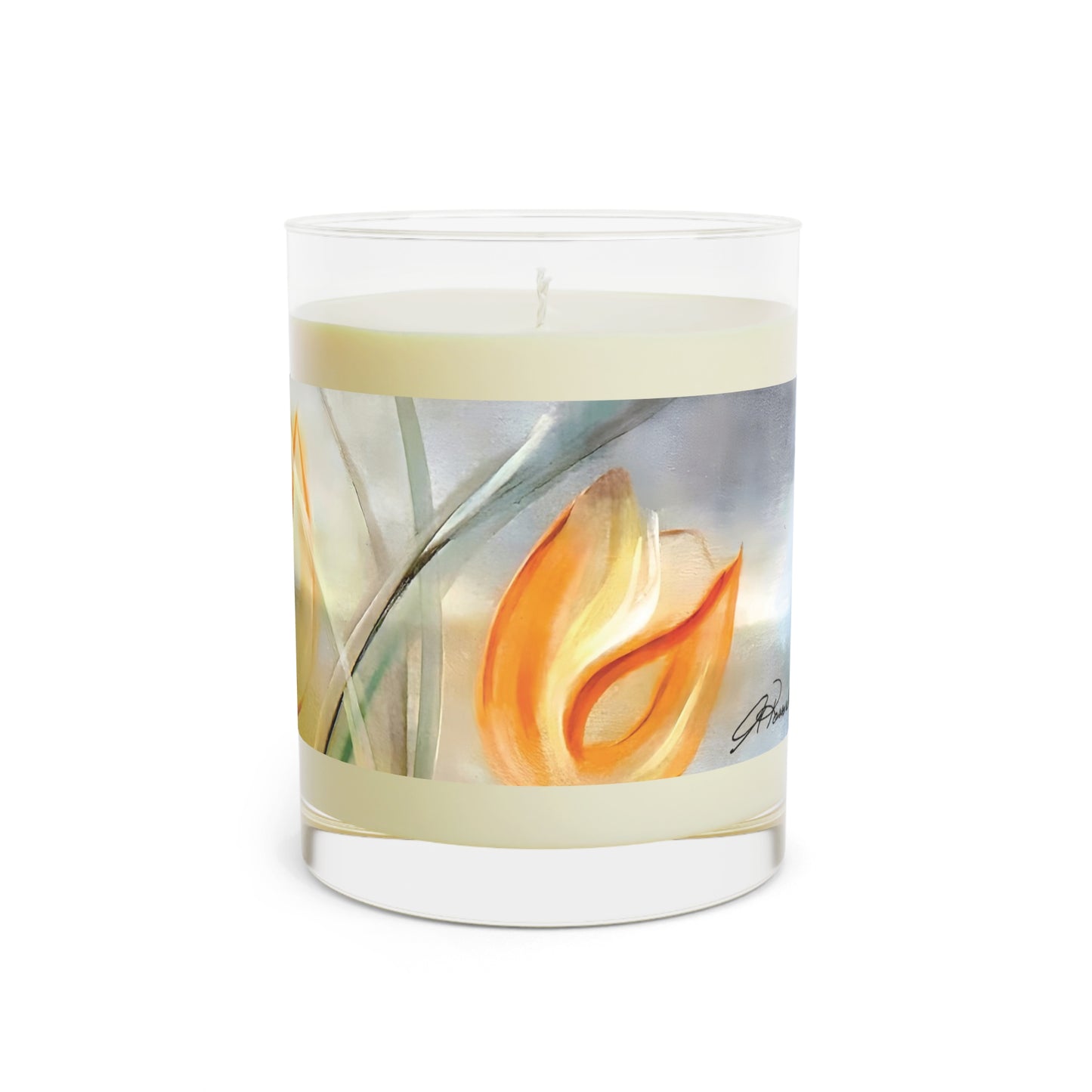 Sunshine Scented Candle featuring the expressive Sunshine painting with yellow tulips by Arlene Passarella from her Floral Awakening collection for Give ilo side