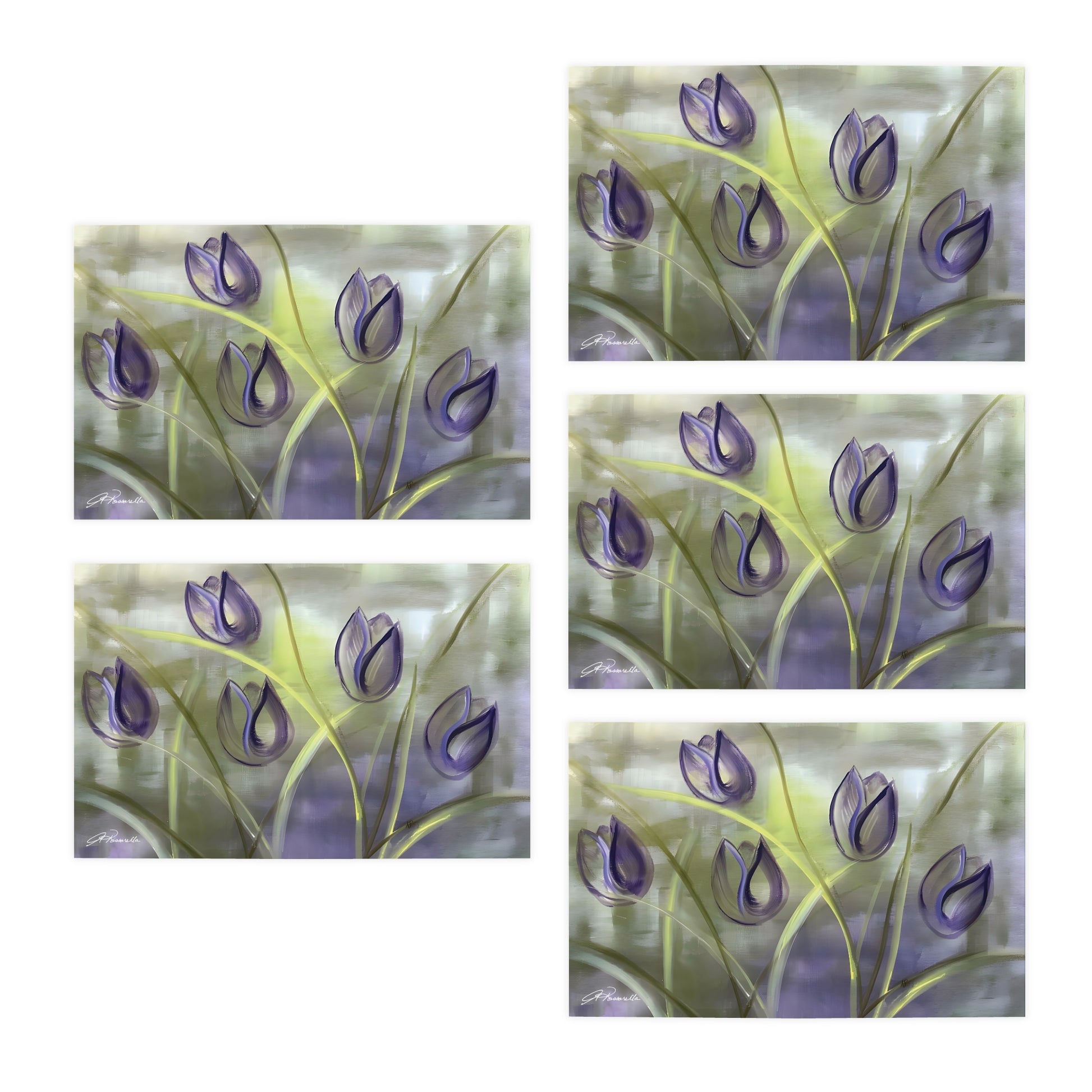 5-pack of Purple Tulip Passion Greeting Cards featuring the stunning Passion painting by Arlene Passarella from her bestselling Floral Awakening collection. Colors are Purple, Green and Yellow. Cards open.