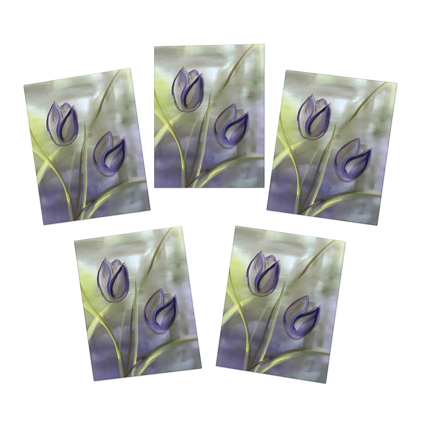 5-pack of Purple Tulip Passion Greeting Cards featuring the stunning Passion painting by Arlene Passarella from her bestselling Floral Awakening collection. Colors are Purple, Green and Yellow. Showing all five.