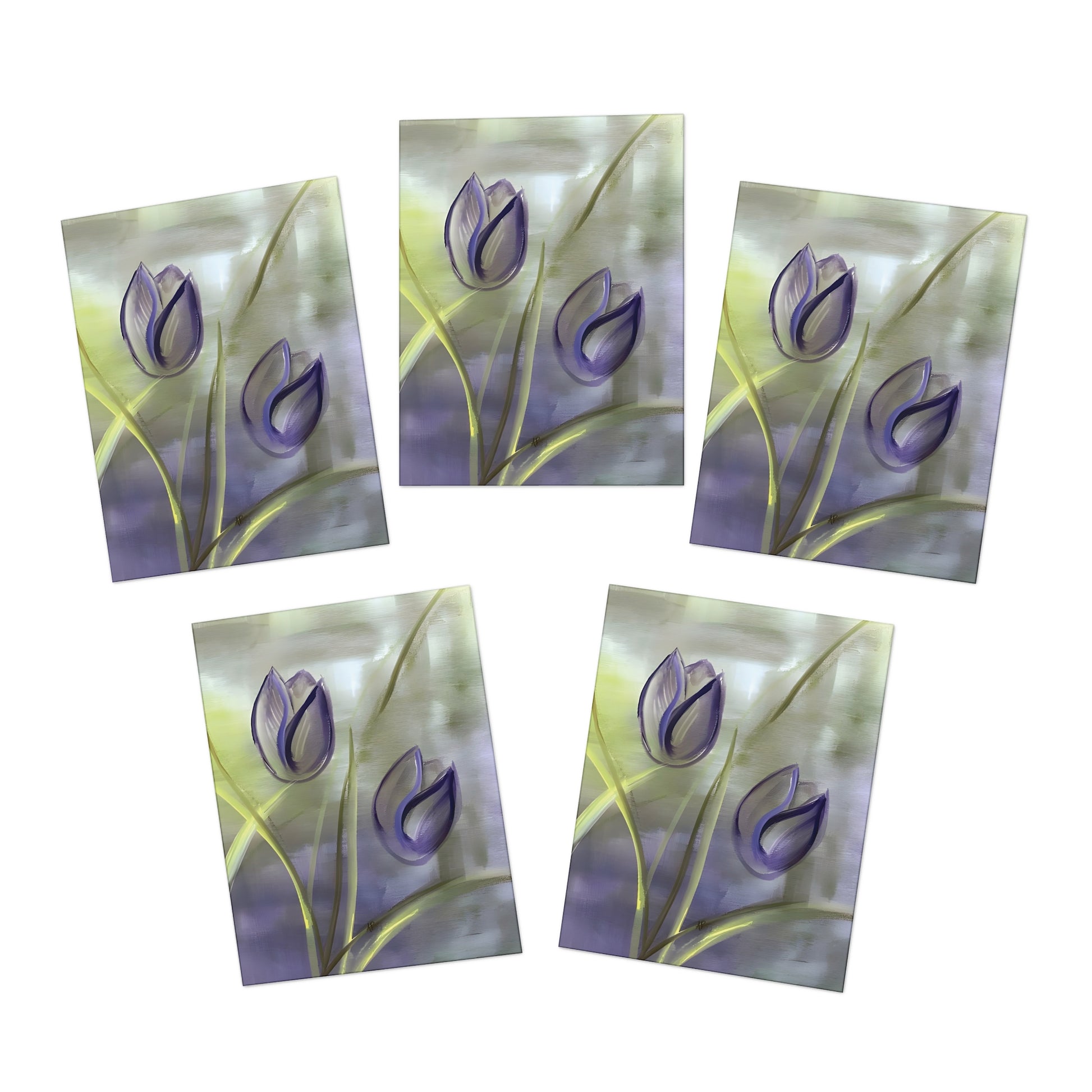 5-pack of Purple Tulip Passion Greeting Cards featuring the stunning Passion painting by Arlene Passarella from her bestselling Floral Awakening collection. Colors are Purple, Green and Yellow. Showing all five.