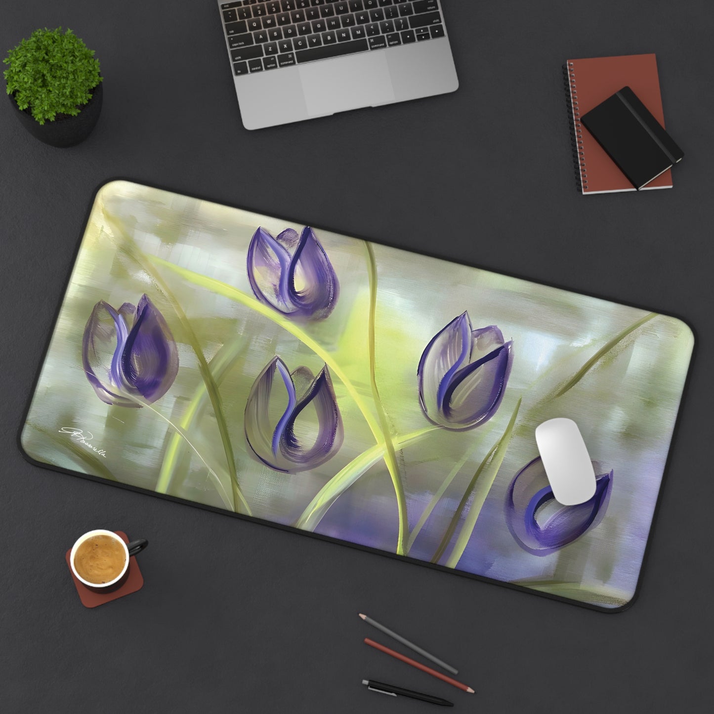Purple Tulips Passion Desk Mat with art by Arlene Passarella for Give ilo size L
