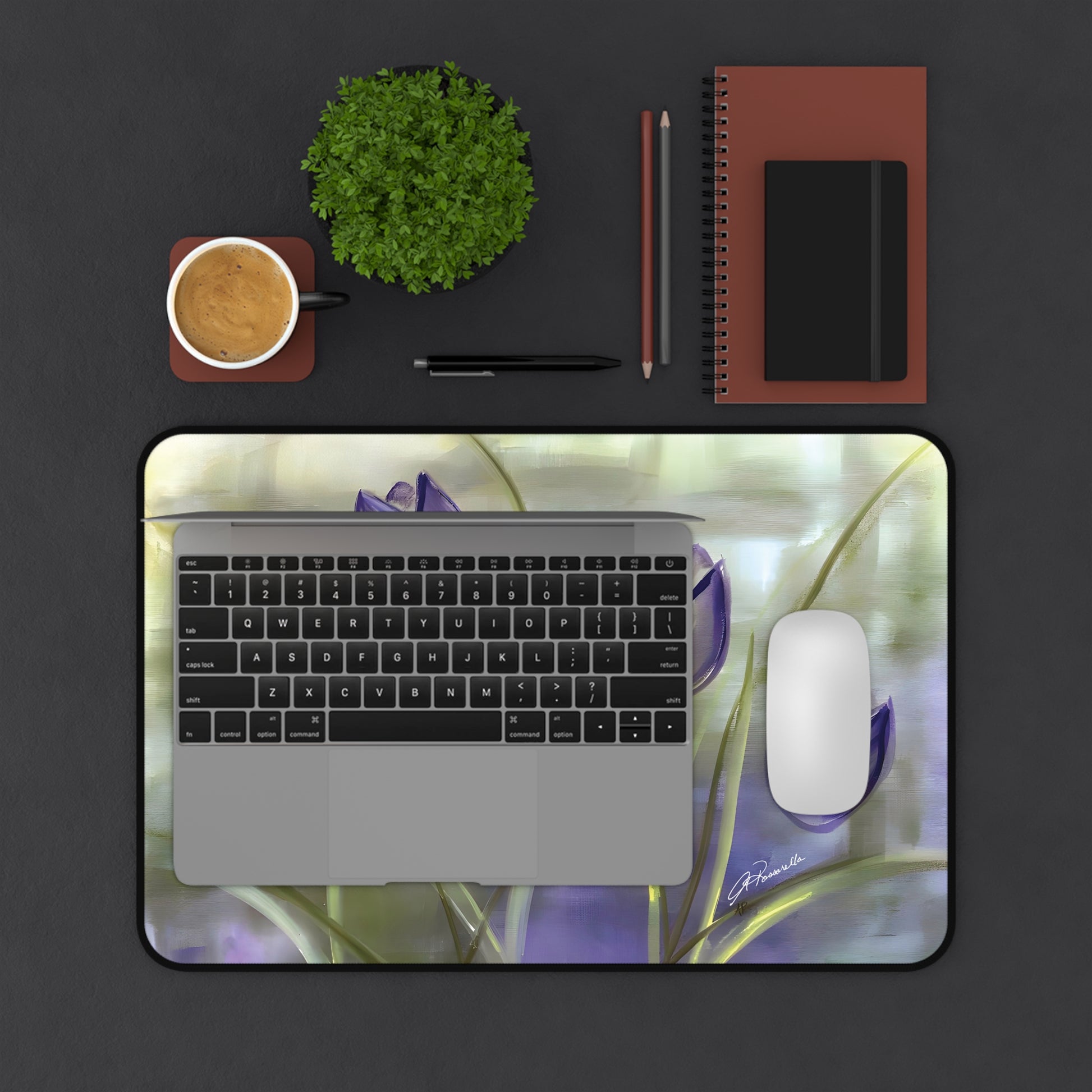 Beautiful expressive Purple Tulips Passion Desk Mat with art by Arlene Passarella for Give ilo size S