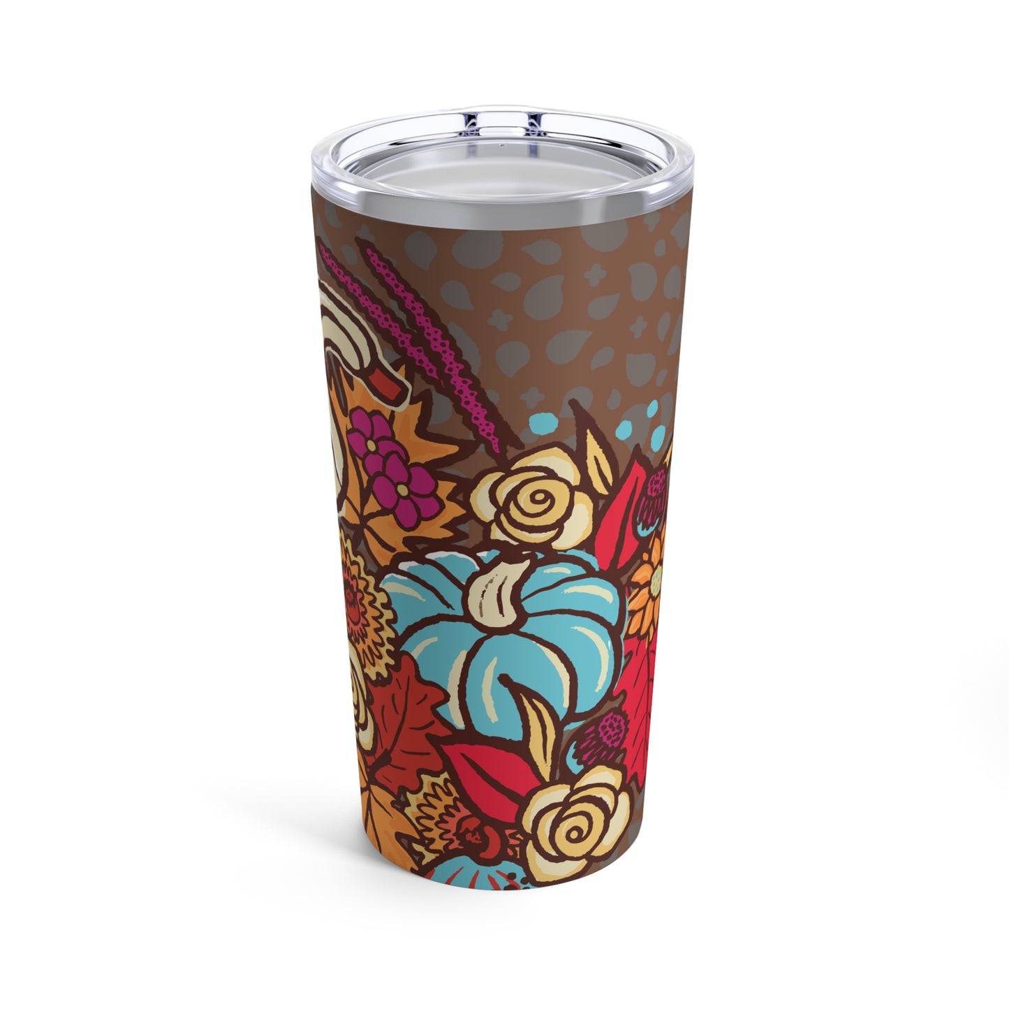 Harvest Love Tumbler  by Charlene Potts for Give Ilo! Rich brown color background with with a beautiful bright floral heart which includes a  light blue pumpkin.