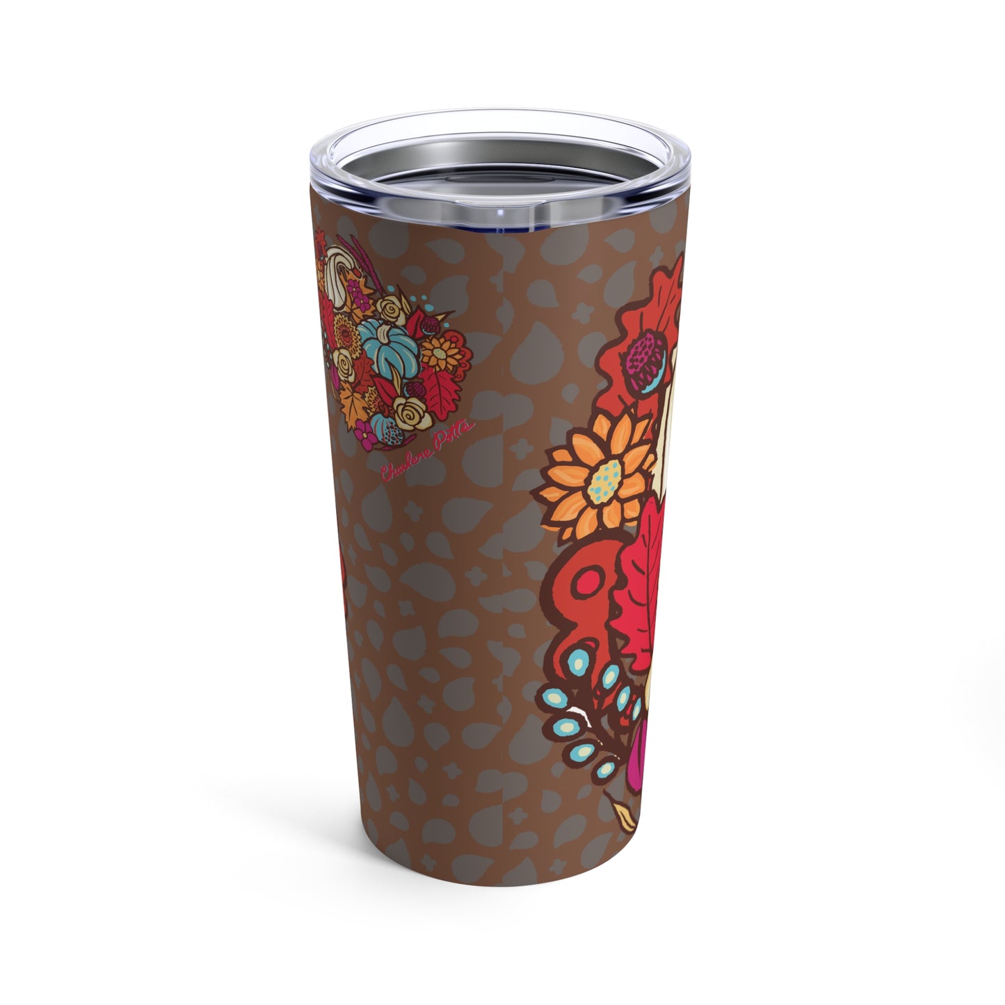 Harvest Love Tumbler  by Charlene Potts for Give Ilo! Rich brown color background with with a beautiful bright floral heart which includes a  light blue pumpkin. Side view also shows a smaller floral heart as a surprise.