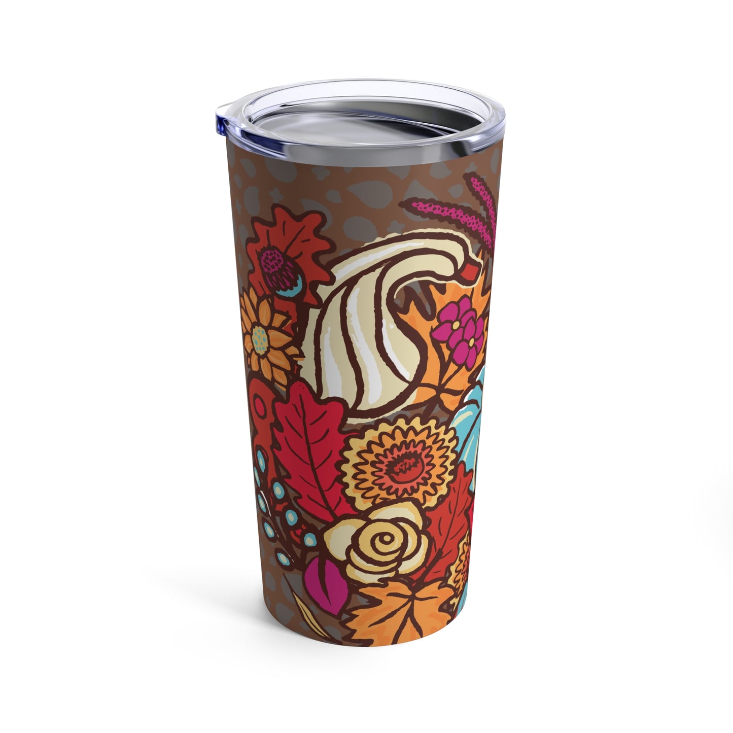 Harvest Love Tumbler  by Charlene Potts for Give Ilo! Rich brown color background with with a beautiful bright floral heart which includes a  light blue pumpkin. Side view