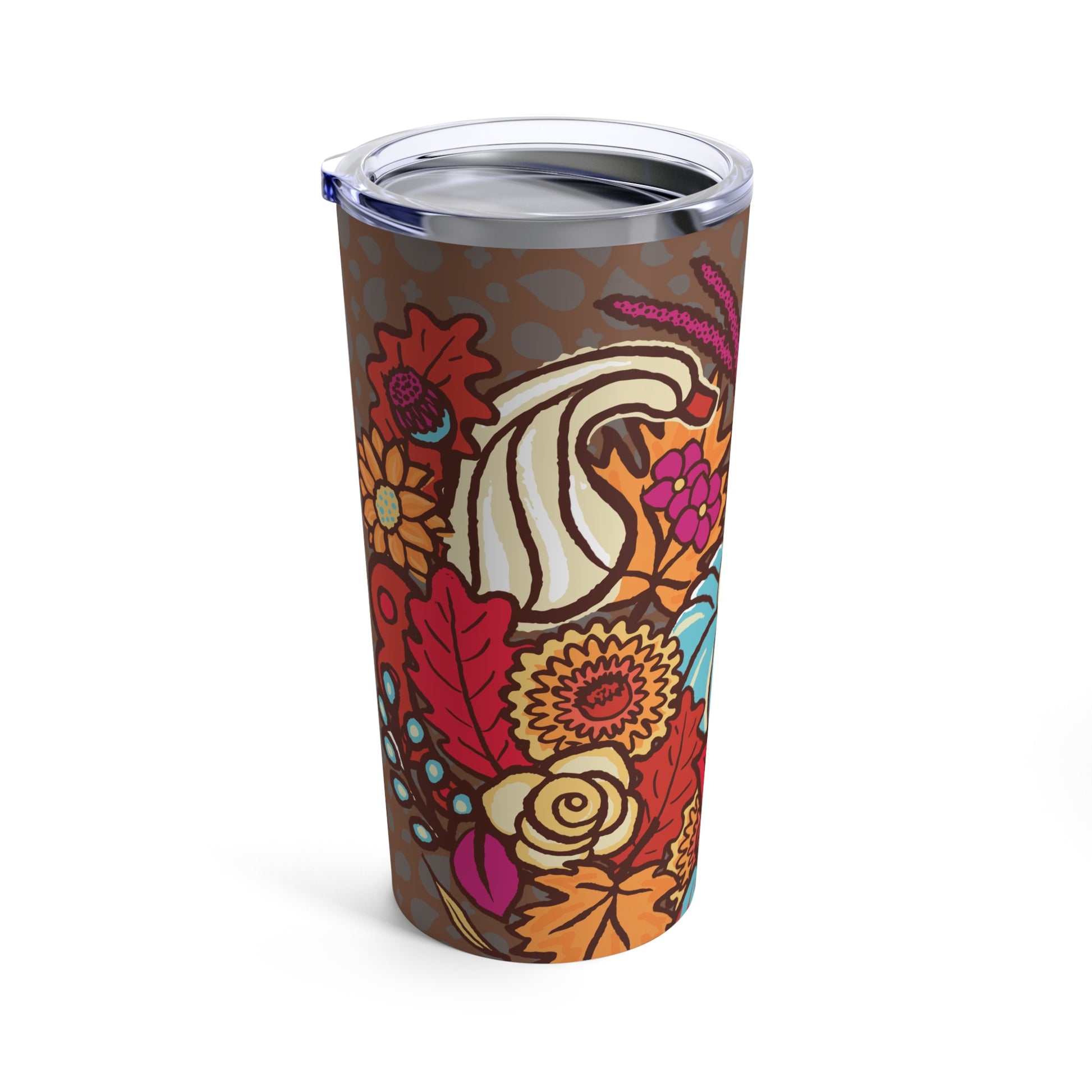 Harvest Love Tumbler  by Charlene Potts for Give Ilo! Rich brown color background with with a beautiful bright floral heart which includes a  light blue pumpkin. Side view