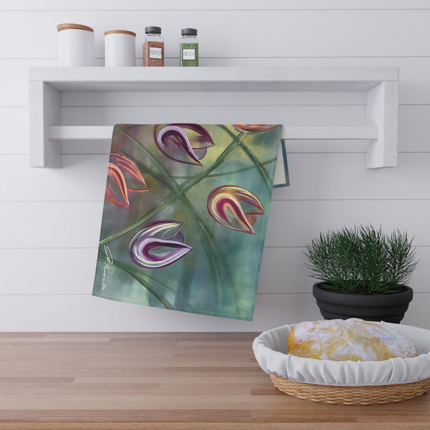 Colorful Joy Tea Kitchen Towel featuring the Passion painting by Arlene Passarella from the Floral Awakening Collection for Give ilo on white kitchen