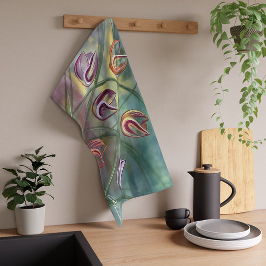 Colorful Joy Tea Kitchen Towel featuring the Passion painting by Arlene Passarella from the Floral Awakening Collection for Give ilo on white