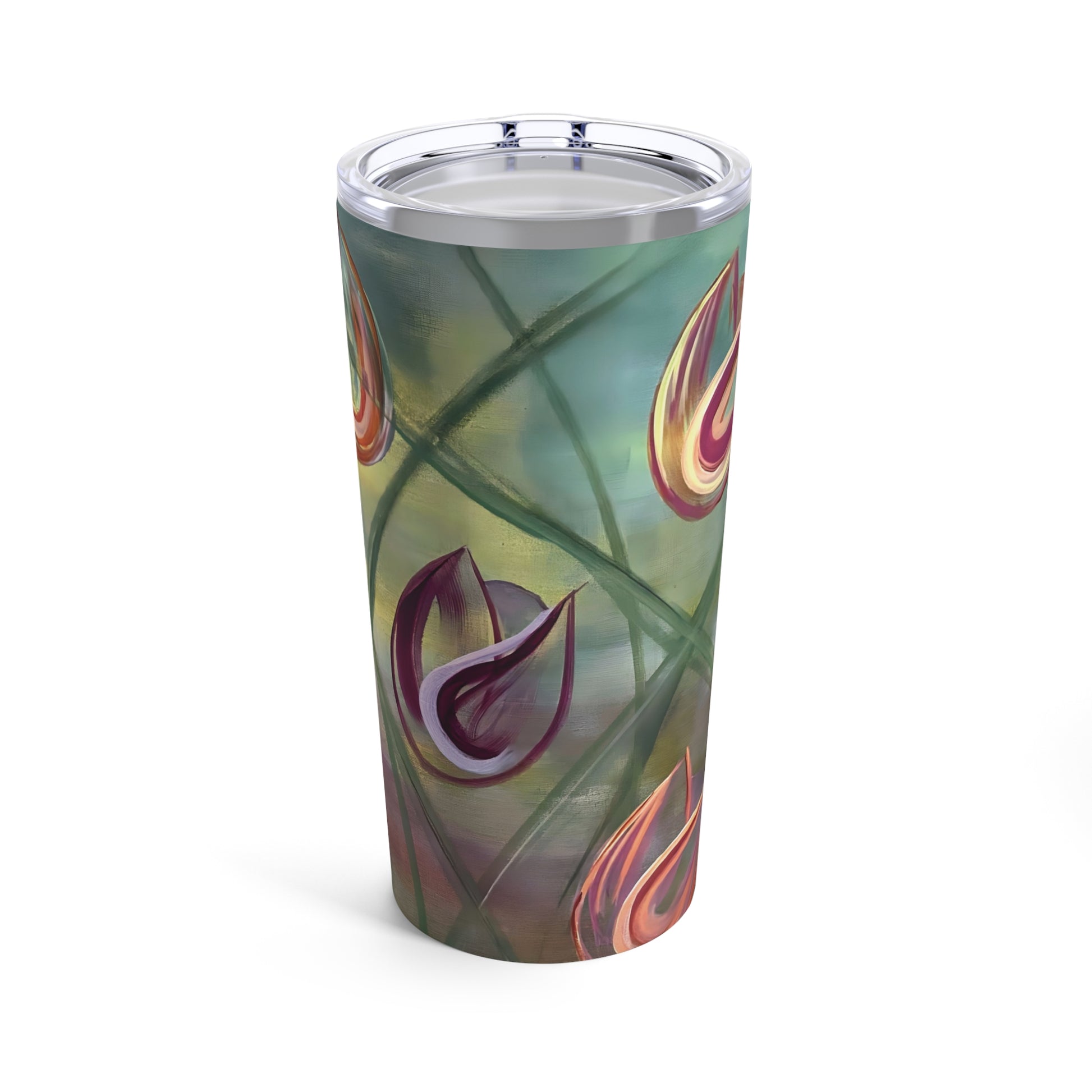 Tumbler with an expressive painting of tulips in magenta and orange with a green background