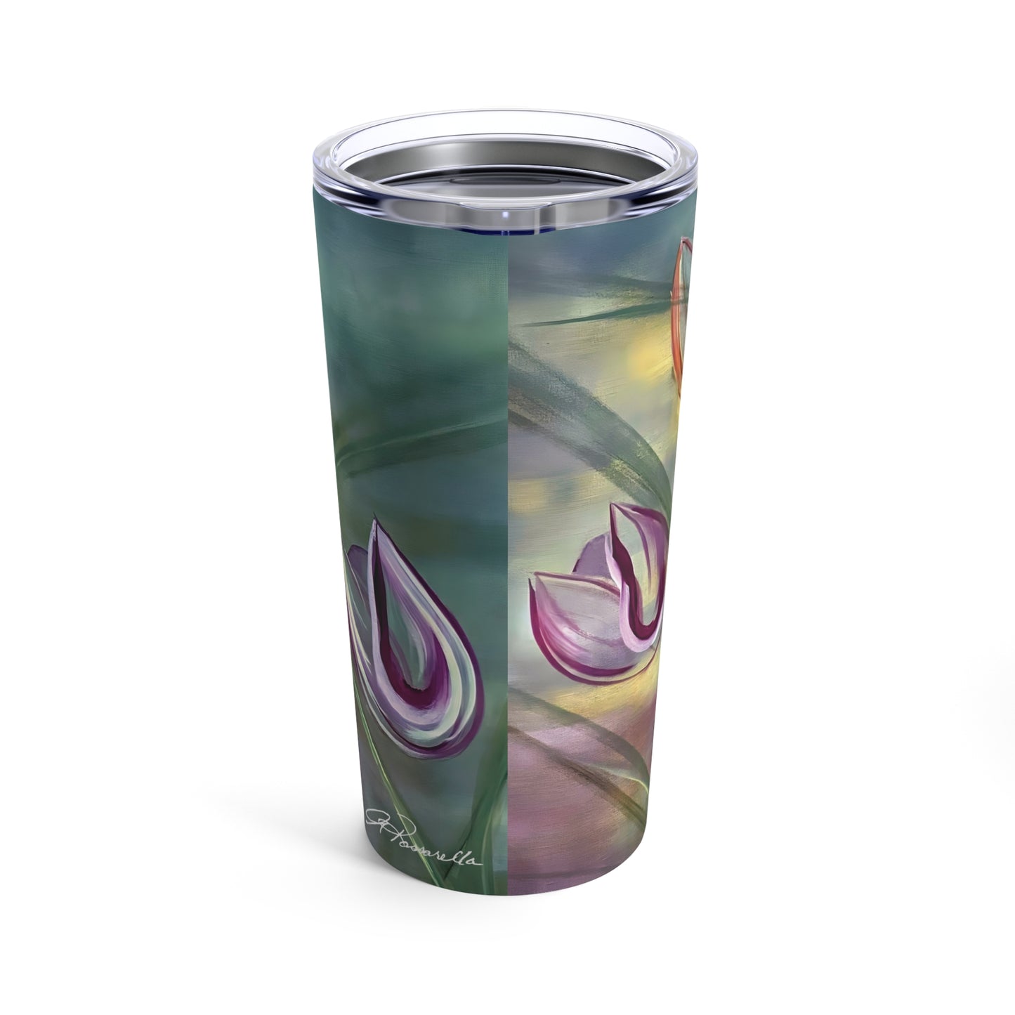 Tumbler with an expressive painting of tulips in magenta and orange with a green background - back view