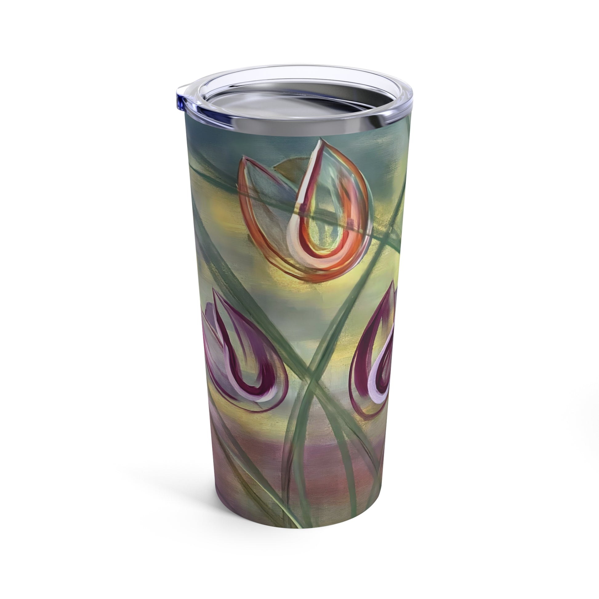 Tumbler with an expressive painting of tulips in magenta and orange with a green background - side view