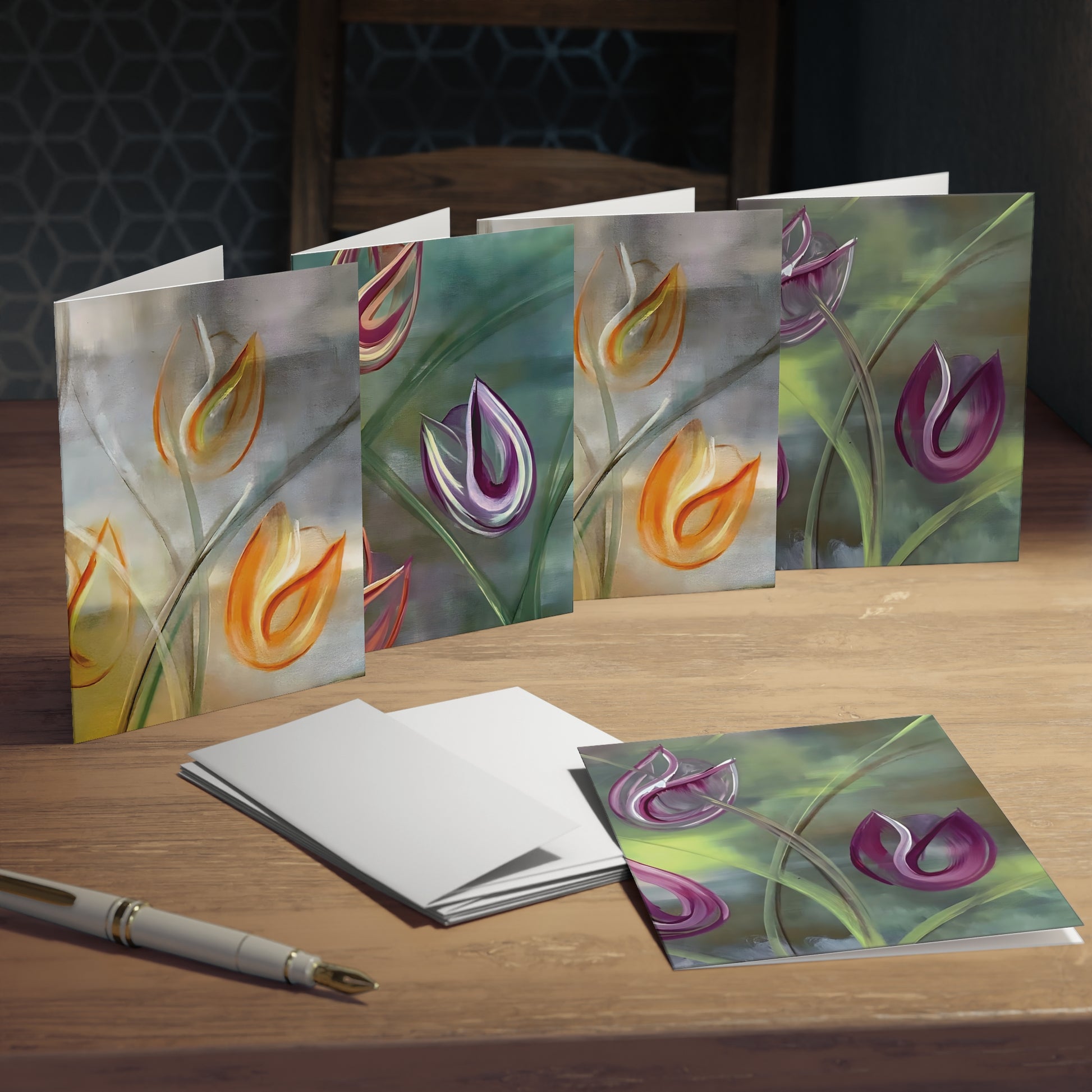 Multicolored expressive tulip greeting cards featuring paintings from the bestselling Floral Awakening collection by Arlene Passarella. Showing all five.