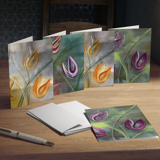 Multicolored expressive tulip greeting cards featuring paintings from the bestselling Floral Awakening collection by Arlene Passarella. Showing all five.