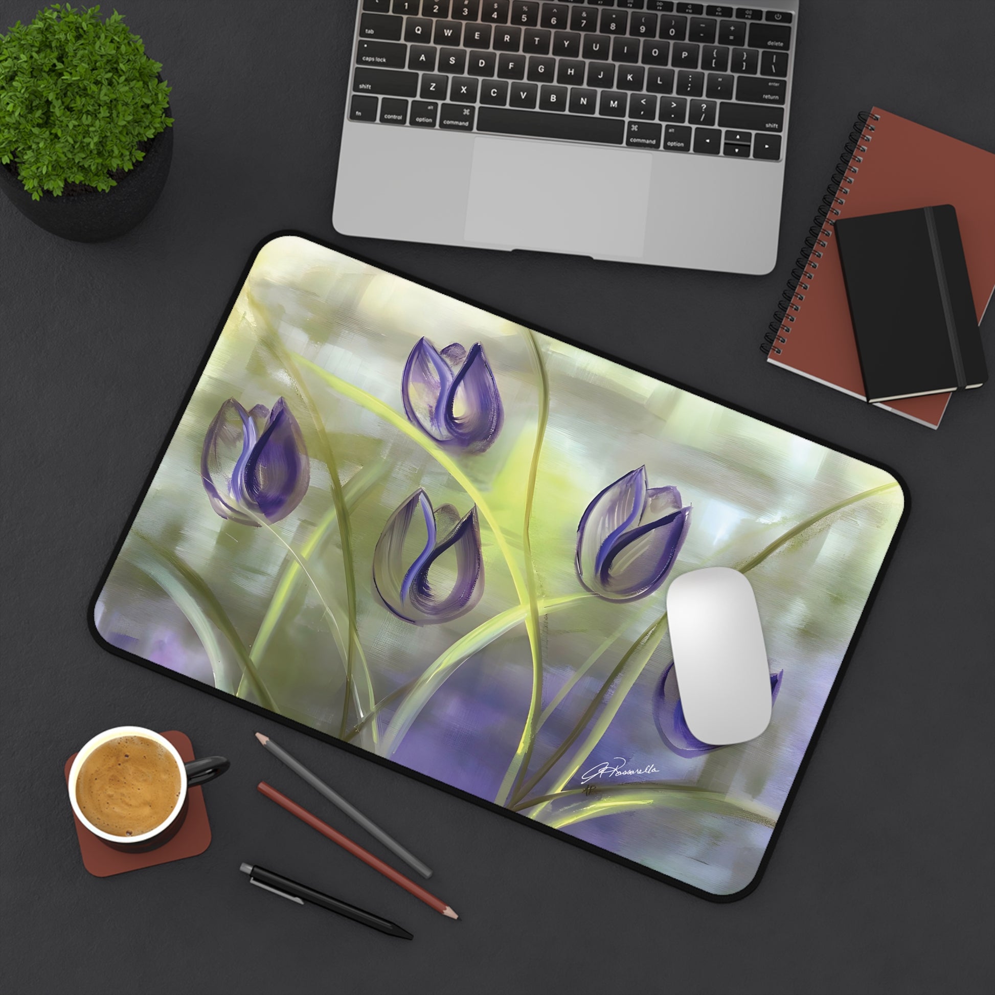 Purple Tulips Passion Desk Mat with art by Arlene Passarella for Give ilo