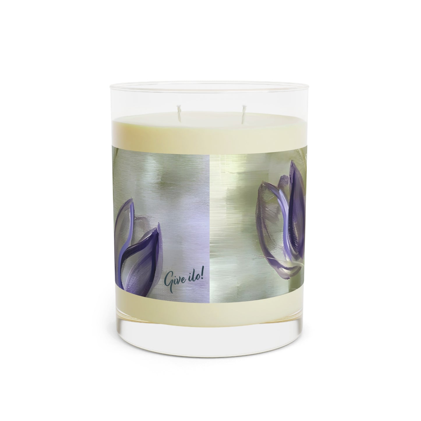 Passion Scented Candle in a glass with cardboard lid featuring the Passion painting with purple tulips by Arlene Passarella from Floral Awakening collection for Give ilo back view 