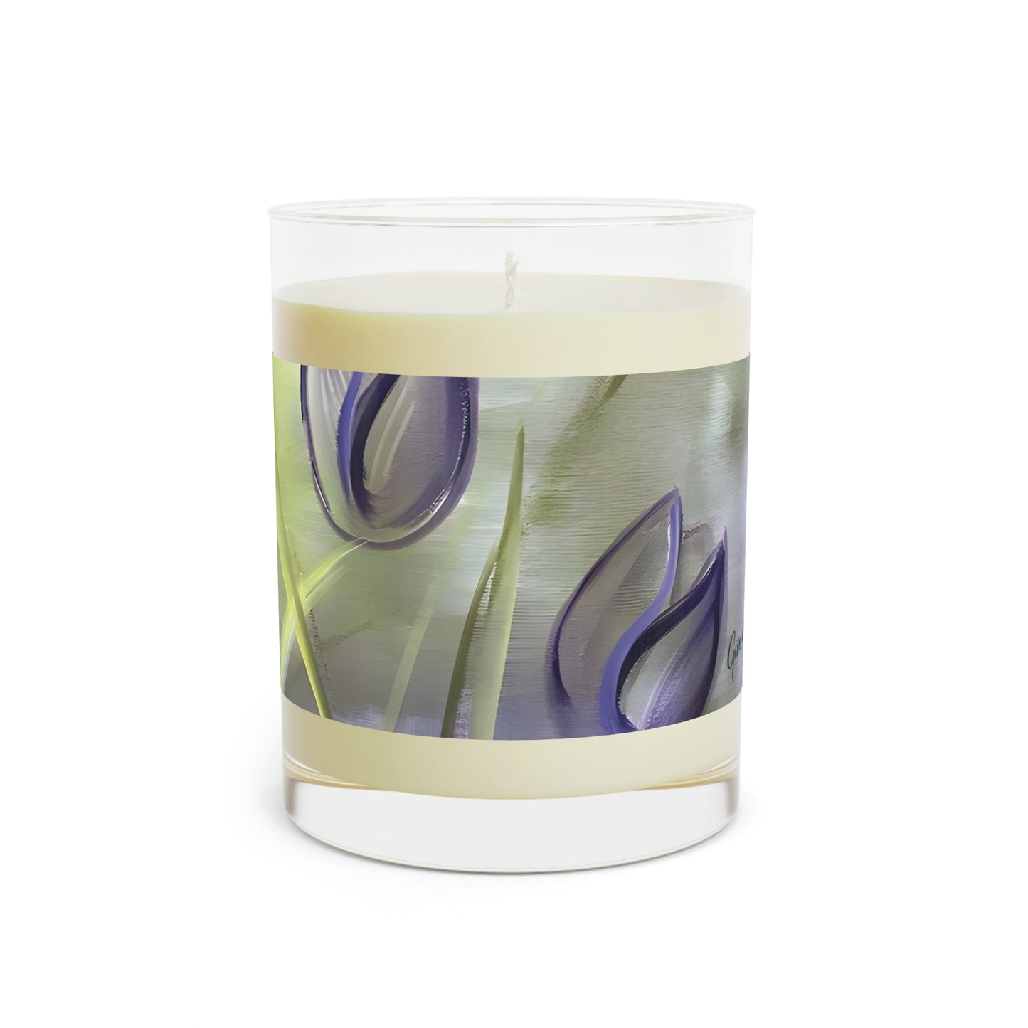 Passion Scented Candle featuring the Passion painting with purple tulips by Arlene Passarella from Floral Awakening collection for Give ilo 2