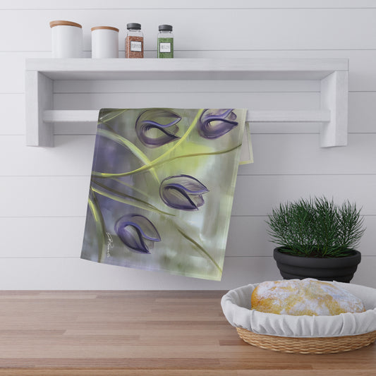 Tulips in purple with green and yellow Passion Tea Kitchen Towel featuring the Passion painting by Arlene Passarella from the Floral Awakening Collection for Give ilo