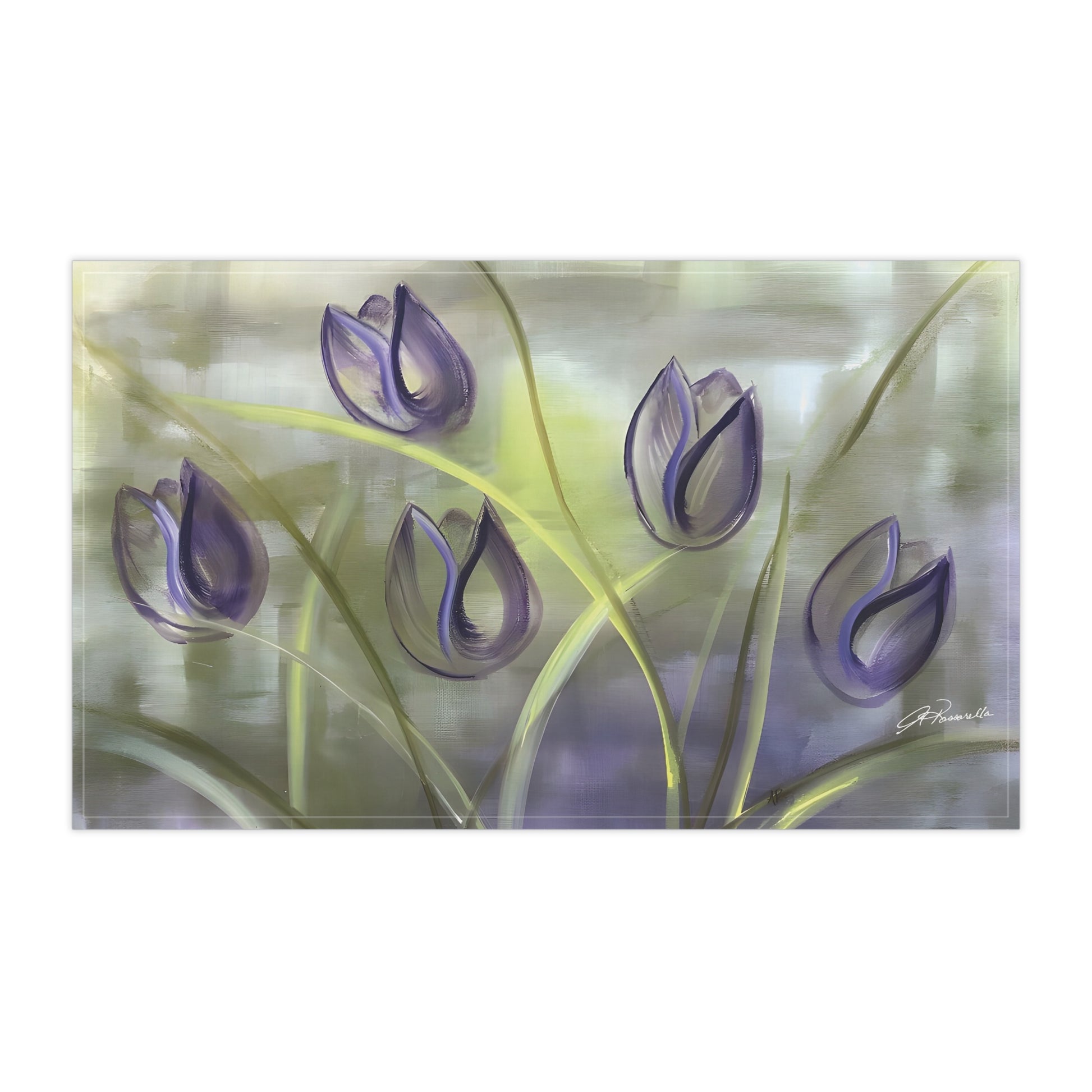 Tulips in purple with green and yellow Passion Tea Kitchen Towel featuring the Passion painting by Arlene Passarella from the Floral Awakening Collection for Give ilo on landscape
