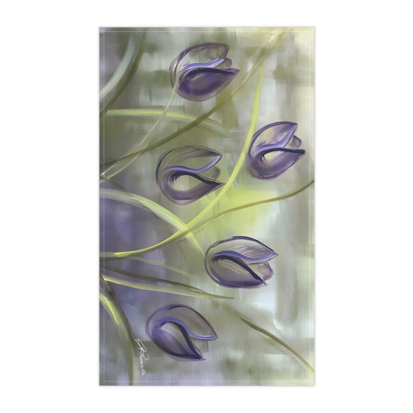 Tulips in purple with green and yellow Passion Tea Kitchen Towel featuring the Passion painting by Arlene Passarella from the Floral Awakening Collection for Give ilo on white