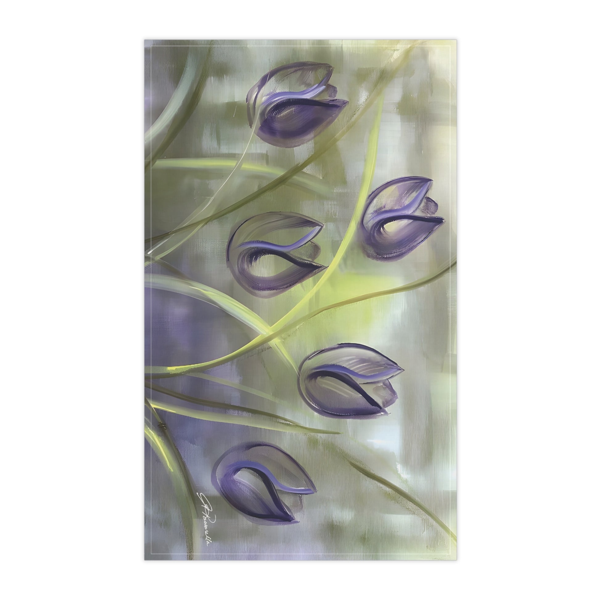 Tulips in purple with green and yellow Passion Tea Kitchen Towel featuring the Passion painting by Arlene Passarella from the Floral Awakening Collection for Give ilo on white